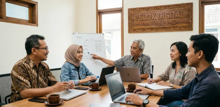 Tim jasa pembuatan website profesional Velox Digital Yogyakarta sedang diskusi strategi pengembangan bisnis online