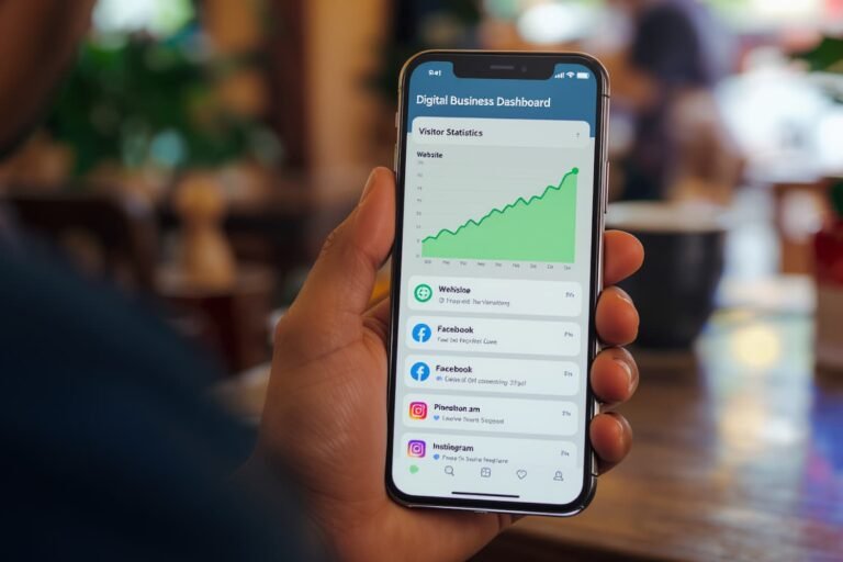 Ilustrasi strategi digital marketing terintegrasi pada smartphone, menampilkan analitik website, Facebook, dan Instagram untuk pertumbuhan bisnis di Yogyakarta